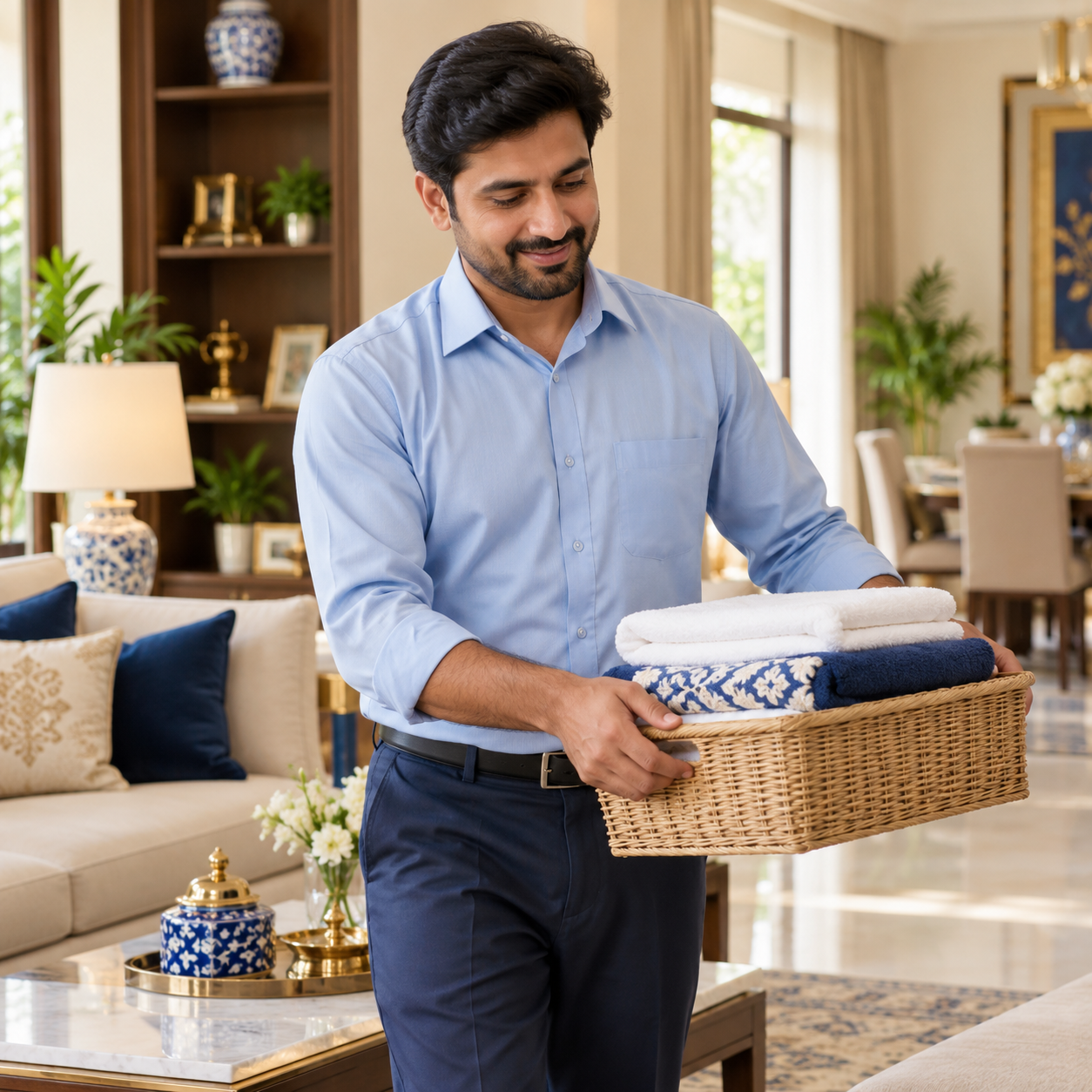 Household helper organising clean towels at home